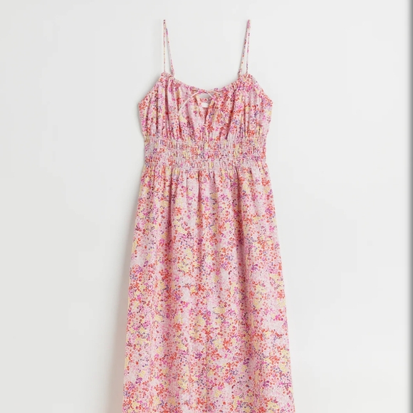 H&M Pink Floral Maxi Dress 100% Cotton Strappy Sundress Garden Cottage Babydoll - Picture 1 of 11